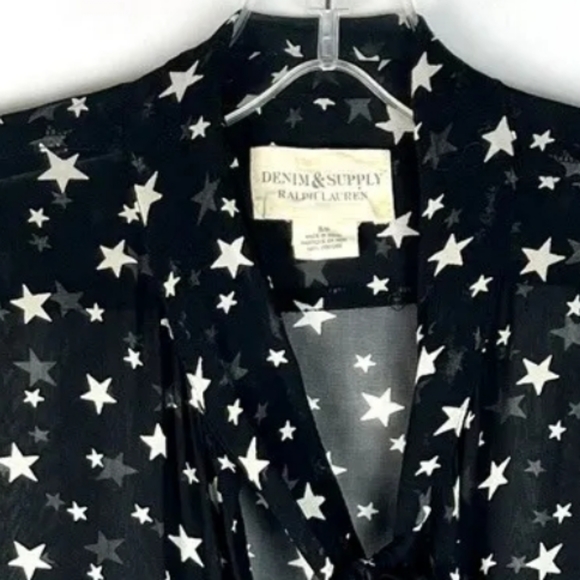 Ralph Lauren Denim & Supply Black Star Print Bell Sleeve Chiffon Button Down Top - Picture 2 of 9